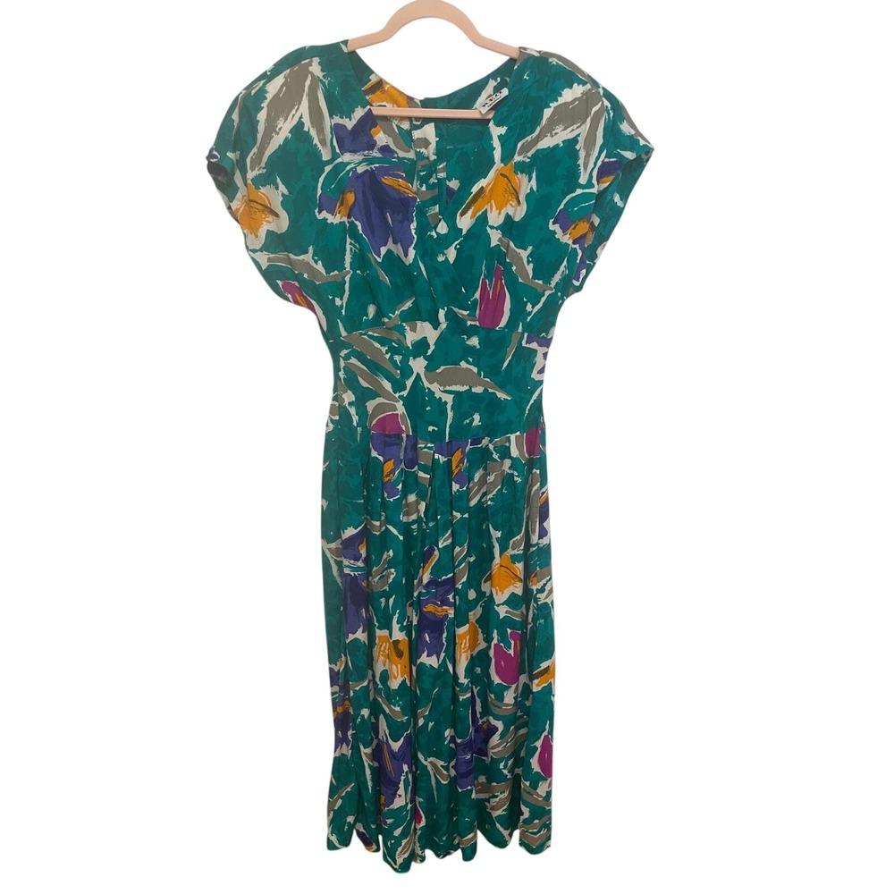 Vintage Midi Dress Abstract Floral Teal Purple REO Originals ILGWU USA